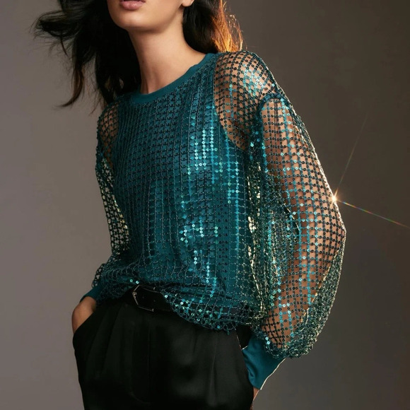 NWT Anthropologie Pilcro Long-Sleeve Sequin Turquoise Top Small - Picture 2 of 9